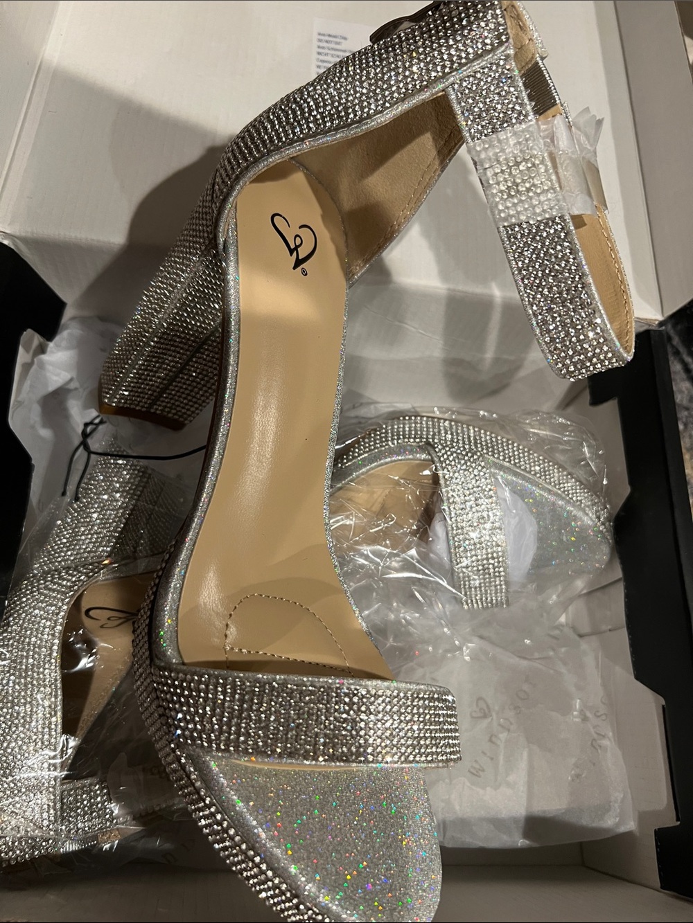 Windsor Silver Rhinestone Block Heel Sandals with Ankle Strap